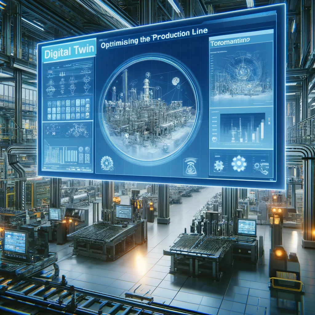 Futuristic factory setting with digital twin technology optimising Siemens' production line, including machinery and performance metrics.