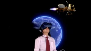 Girl in VR headset viewing Chandrayaan-3 flying through space, with Earth in the background