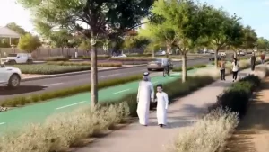 3D render of main highway in Mohammed Bin Zayed City with pedestrians and cyclists, lush greenery, and vehicles in mid-ground