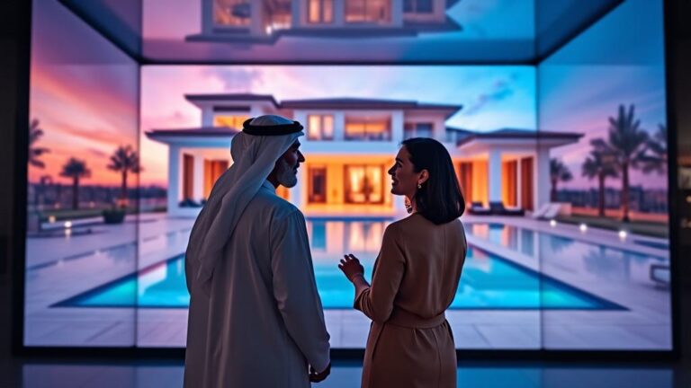 A wide angle shot showing an Emirati man in local clothing, and a European sales woman standing next to each other in an large LED screen cube showing a beautiful luxury villa. The woman is speaking while facing the man who has his back to the camera.