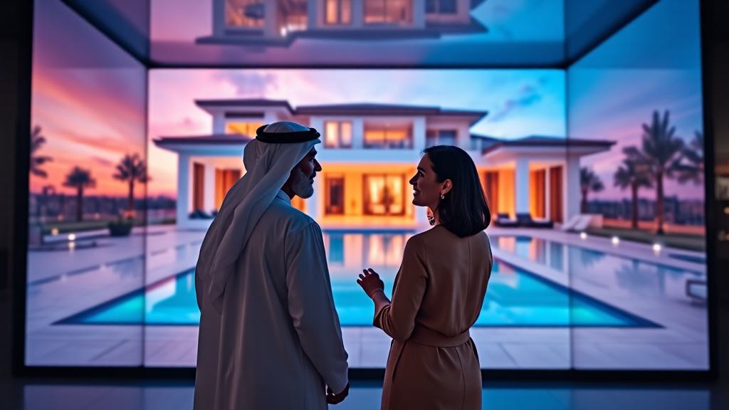 A wide angle shot showing an Emirati man in local clothing, and a European sales woman standing next to each other in an large LED screen cube showing a beautiful luxury villa. The woman is speaking while facing the man who has his back to the camera.